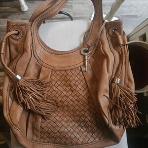 Fossil Tan Leather Shoulder Bag with Woven Design